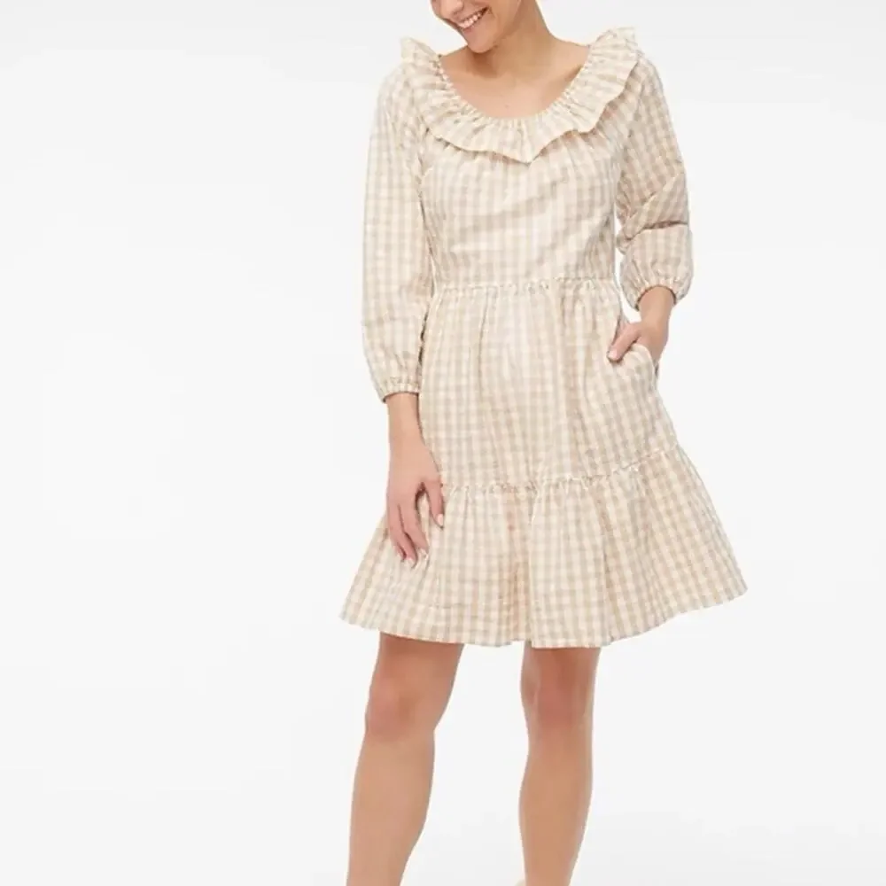 J. Crew NWOT Beige and White Seersucker Ruffle neck Gingham Mini Dress Size 12
